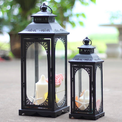 Decorative Metal Glass Lantern Set with Arched Paneled Windows and Filigree Top Acalora