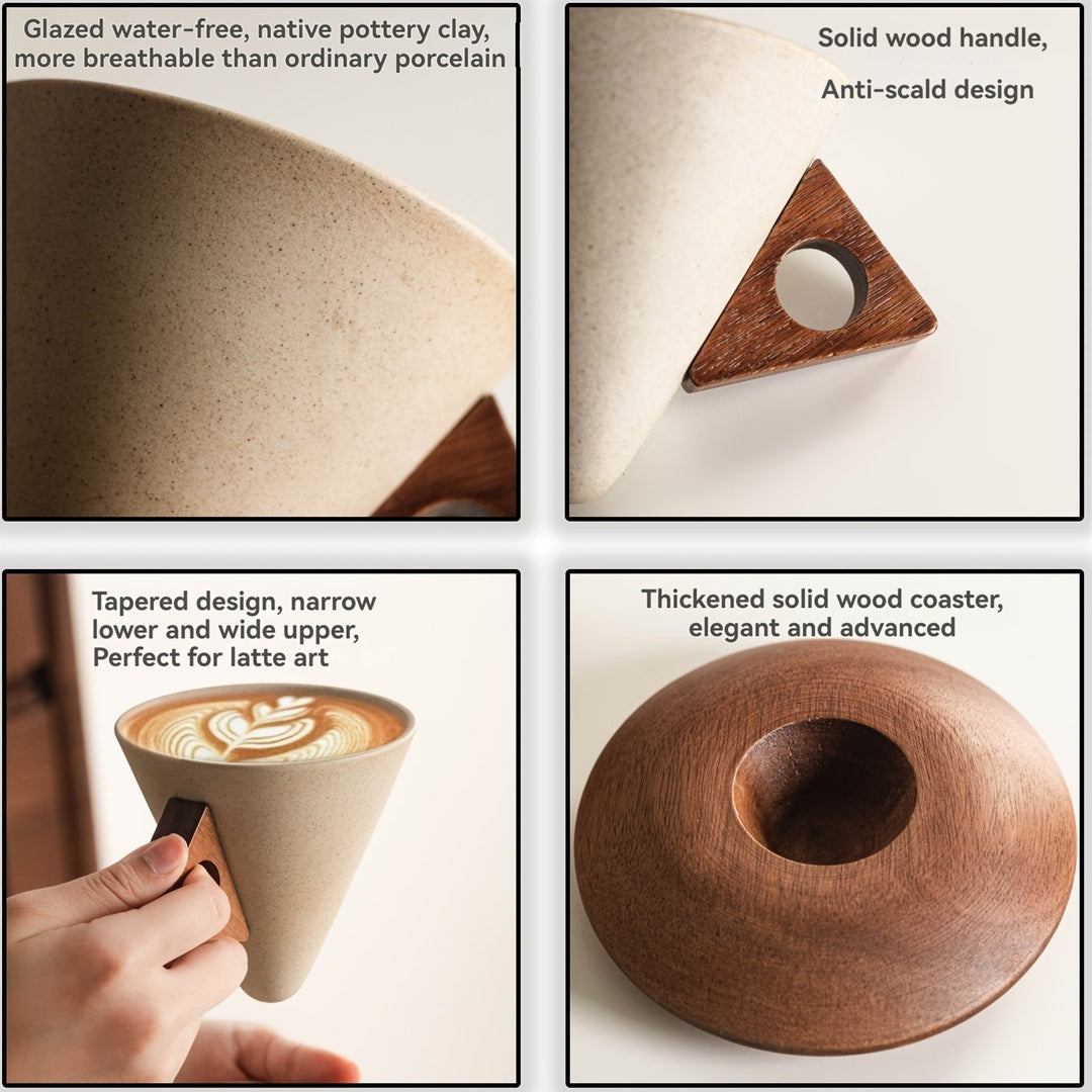 BaristaLuxe Ceramic Coffee Cup 250ml – Handmade with Wooden Handle and Coaster | Kalsten