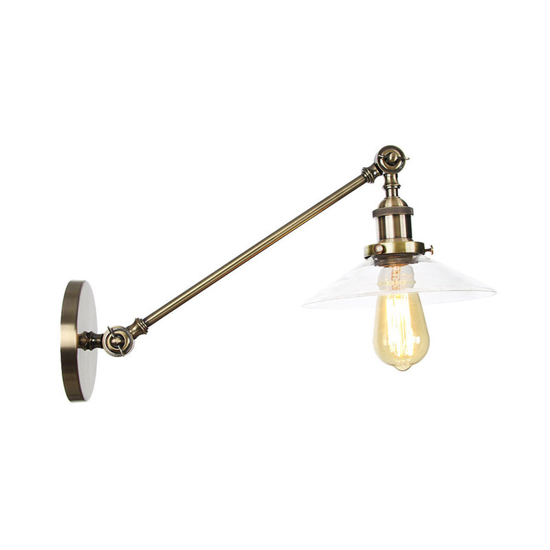 Kalsten | 1 Light Indoor Wall Lamp Vintage Black/Brass/Bronze Lighting Fixture with Cone Transparent Glass Shade, 8"/12" L Arm