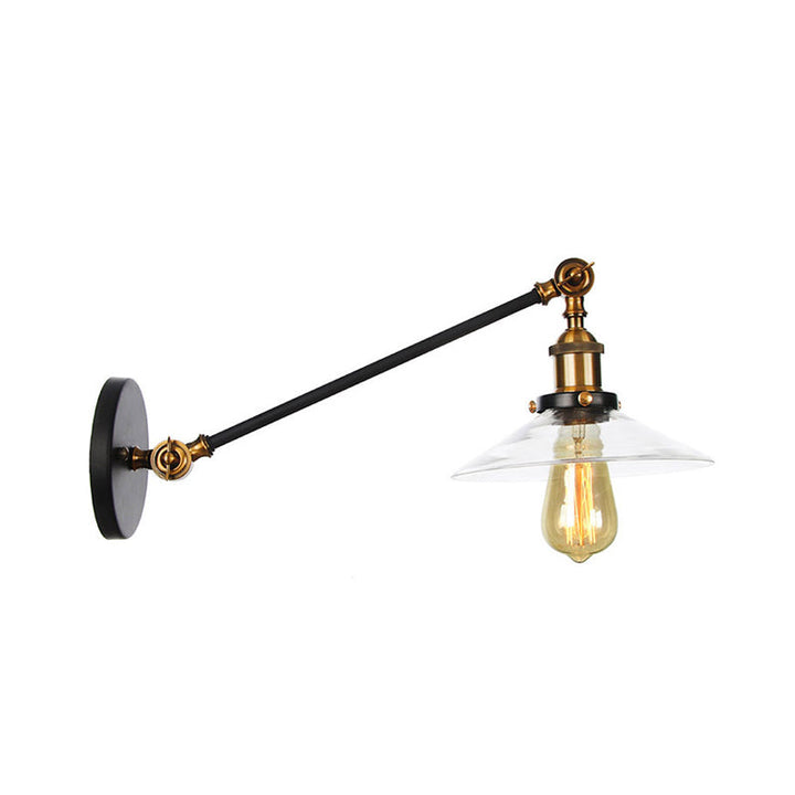 Kalsten | 1 Light Indoor Wall Lamp Vintage Black/Brass/Bronze Lighting Fixture with Cone Transparent Glass Shade, 8"/12" L Arm