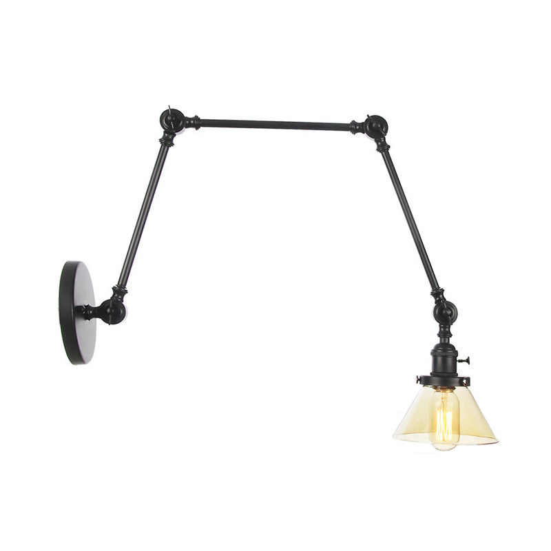BowLift | 1 Light Wall Lamp Industrial Cone Clear/Amber Glass Wall Lamp in Black/Bronze/Brass with Adjustable Arm, 8“+8"/8"+8"+8" Long