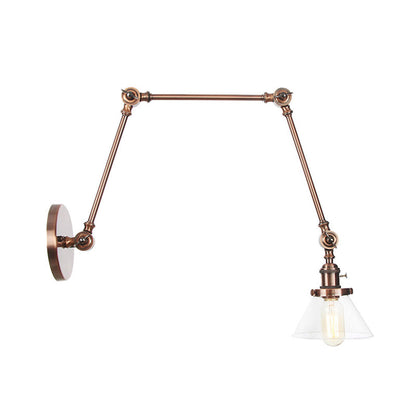 BowLift | 1 Light Wall Lamp Industrial Cone Clear/Amber Glass Wall Lamp in Black/Bronze/Brass with Adjustable Arm, 8“+8"/8"+8"+8" Long