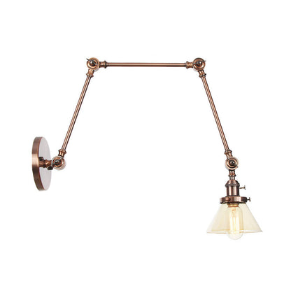 BowLift | 1 Light Wall Lamp Industrial Cone Clear/Amber Glass Wall Lamp in Black/Bronze/Brass with Adjustable Arm, 8“+8"/8"+8"+8" Long