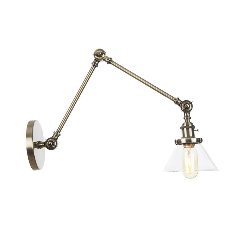 BowLift | 1 Light Wall Lamp Industrial Cone Clear/Amber Glass Wall Lamp in Black/Bronze/Brass with Adjustable Arm, 8“+8"/8"+8"+8" Long