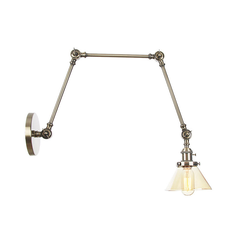 BowLift | 1 Light Wall Lamp Industrial Cone Clear/Amber Glass Wall Lamp in Black/Bronze/Brass with Adjustable Arm, 8“+8"/8"+8"+8" Long