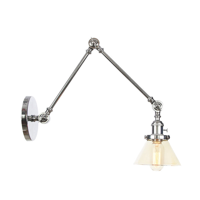BowLift | 1 Light Wall Lamp Industrial Cone Clear/Amber Glass Wall Lamp in Black/Bronze/Brass with Adjustable Arm, 8“+8"/8"+8"+8" Long
