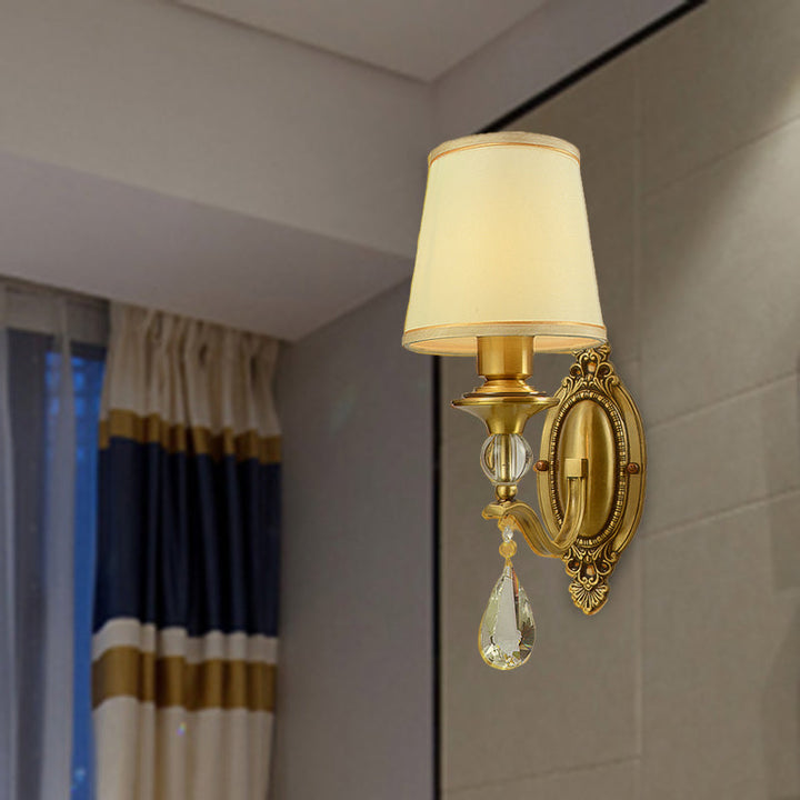 Traditionalism Conical Wall Mount Lamp 1/2 Heads Fabric Wall Sconce Lighting in Gold with Dangling Crystal | Kalsten