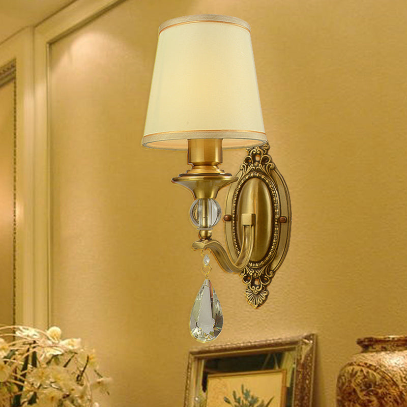 Traditionalism Conical Wall Mount Lamp 1/2 Heads Fabric Wall Sconce Lighting in Gold with Dangling Crystal | Kalsten