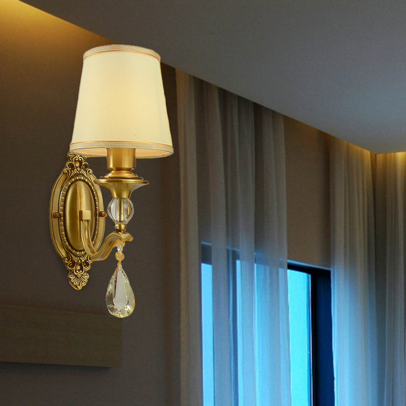 Traditionalism Conical Wall Mount Lamp 1/2 Heads Fabric Wall Sconce Lighting in Gold with Dangling Crystal | Kalsten