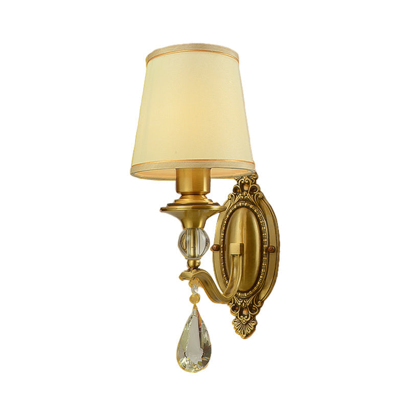 Traditionalism Conical Wall Mount Lamp 1/2 Heads Fabric Wall Sconce Lighting in Gold with Dangling Crystal | Kalsten