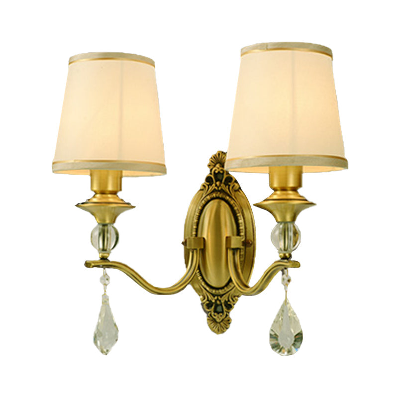 Traditionalism Conical Wall Mount Lamp 1/2 Heads Fabric Wall Sconce Lighting in Gold with Dangling Crystal | Kalsten