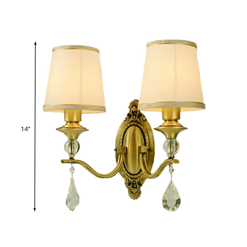 Traditionalism Conical Wall Mount Lamp 1/2 Heads Fabric Wall Sconce Lighting in Gold with Dangling Crystal | Kalsten
