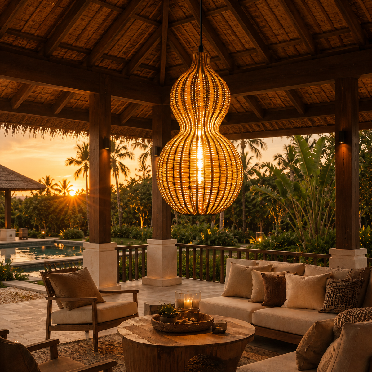 Handwoven Rattan Outdoor Pendant Light, IP65