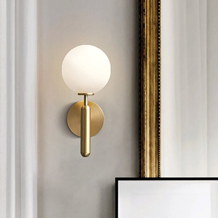 Milky Glass Ball Sconce Contemporary 1 Head Brass Wall Mount Light Fixture with Metal Pencil Arm | Kalsten
