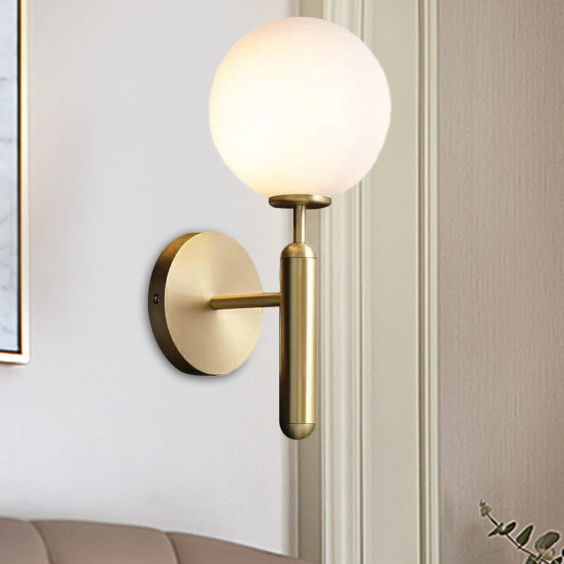 Milky Glass Ball Sconce Contemporary 1 Head Brass Wall Mount Light Fixture with Metal Pencil Arm | Kalsten