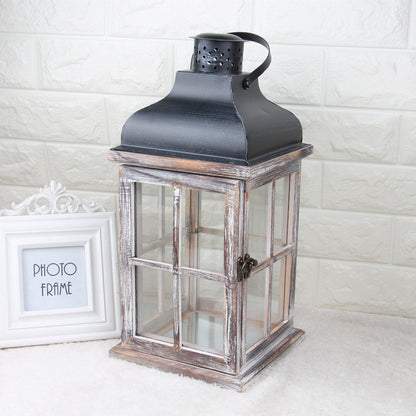 Hand-Finished Weathered Wood Windowpane Lanterns with Metal Roof and Glass Panels Set Acalora