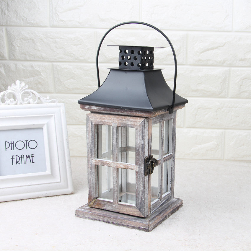 Hand-Finished Weathered Wood Windowpane Lanterns with Metal Roof and Glass Panels Set Acalora