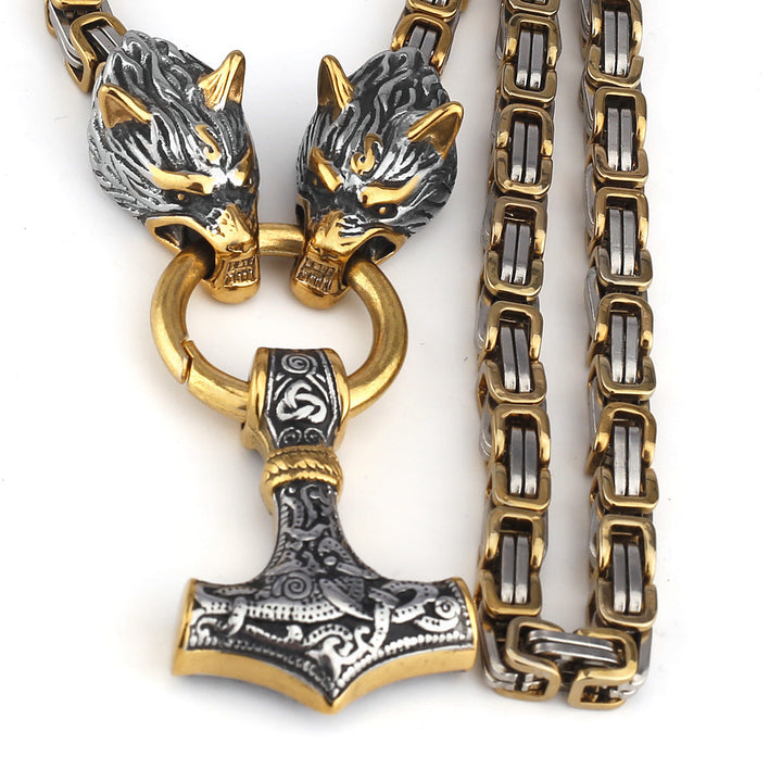 Stainless Steel Nordic Viking Wolf Thor's Hammer Men's Necklace