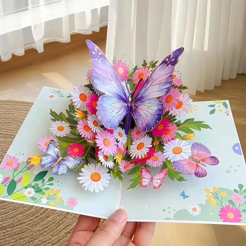Kalsten | 3D Pop-Up Greeting Card – Colorful Butterflies & Daisies with Envelope