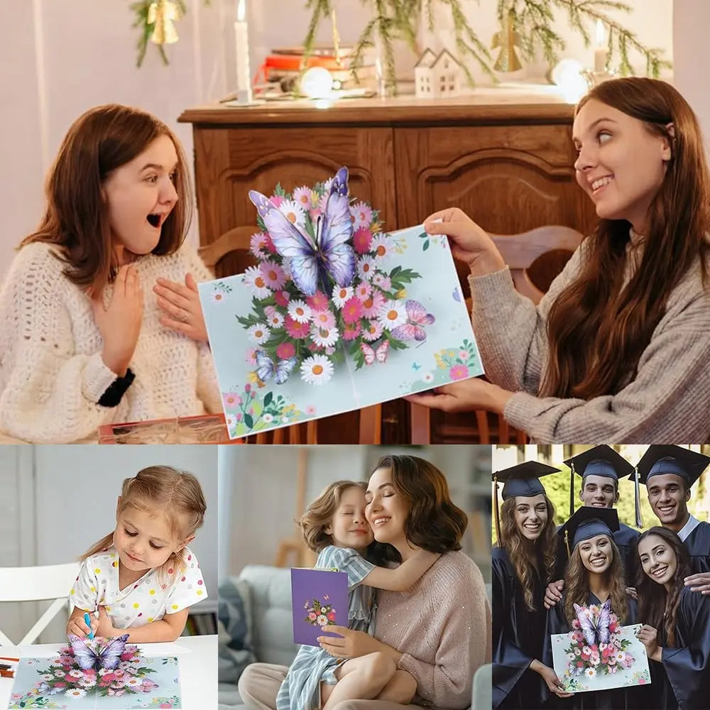 Kalsten | 3D Pop-Up Greeting Card – Colorful Butterflies & Daisies with Envelope