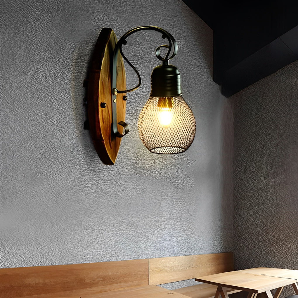 Rustic Antique Wood Iron Hollow Mesh Black E27 Industrial Style Wall Lamp | Kalsten