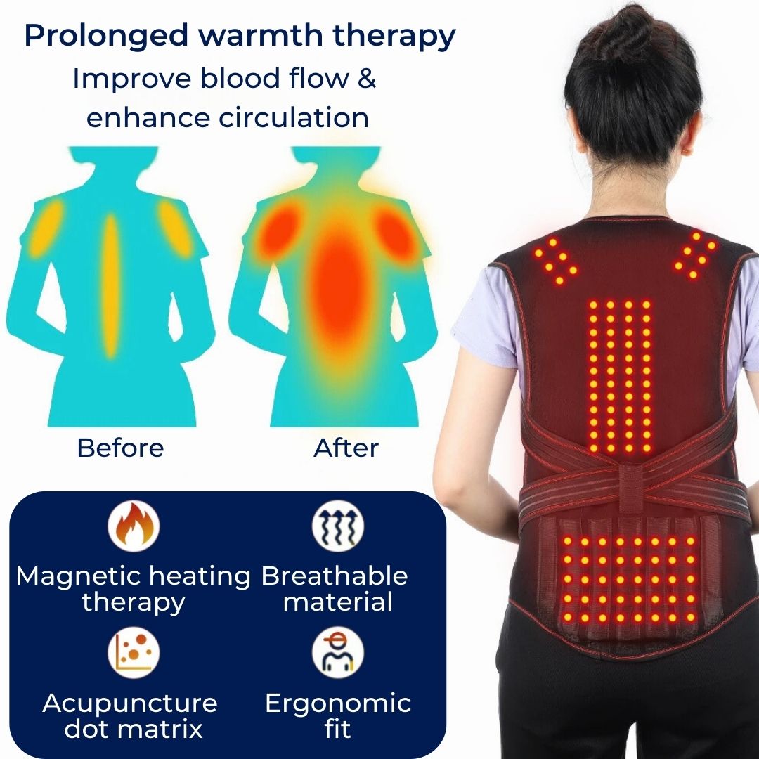 MagniTherm Self-Heating Back Support | Adjustable Heated Posture Corrector - Back Pain Relief - Posture Improvement Kalsten