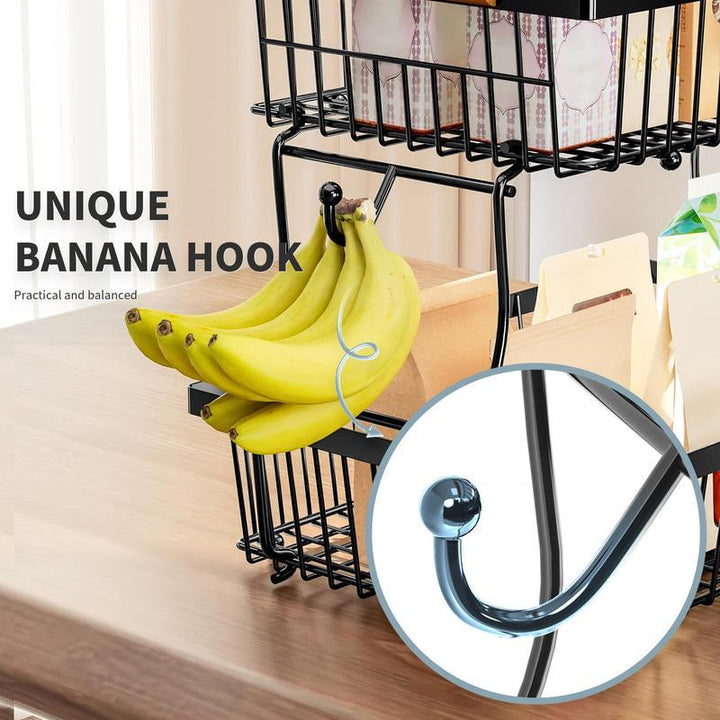 Kalsten | 2-Tier Metal Fruit & Vegetable Storage Rack with Hooks