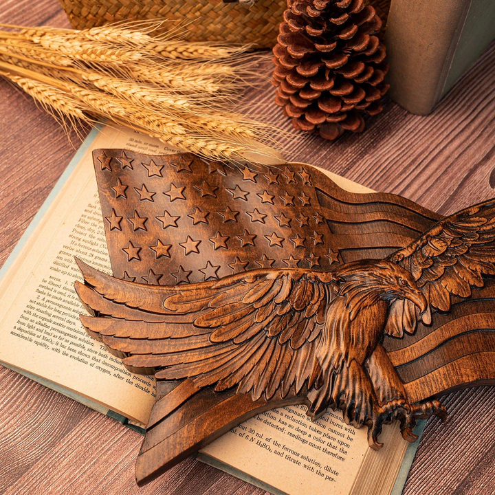 Kalsten | American Flag Wood Wall Art Hand Carved Eagle Patriotic Decoration