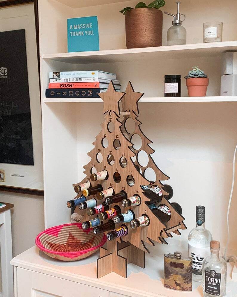 Christmas Advent Calendar Tree – Wooden Beer & Wine Holder, Reusable Birch Wood