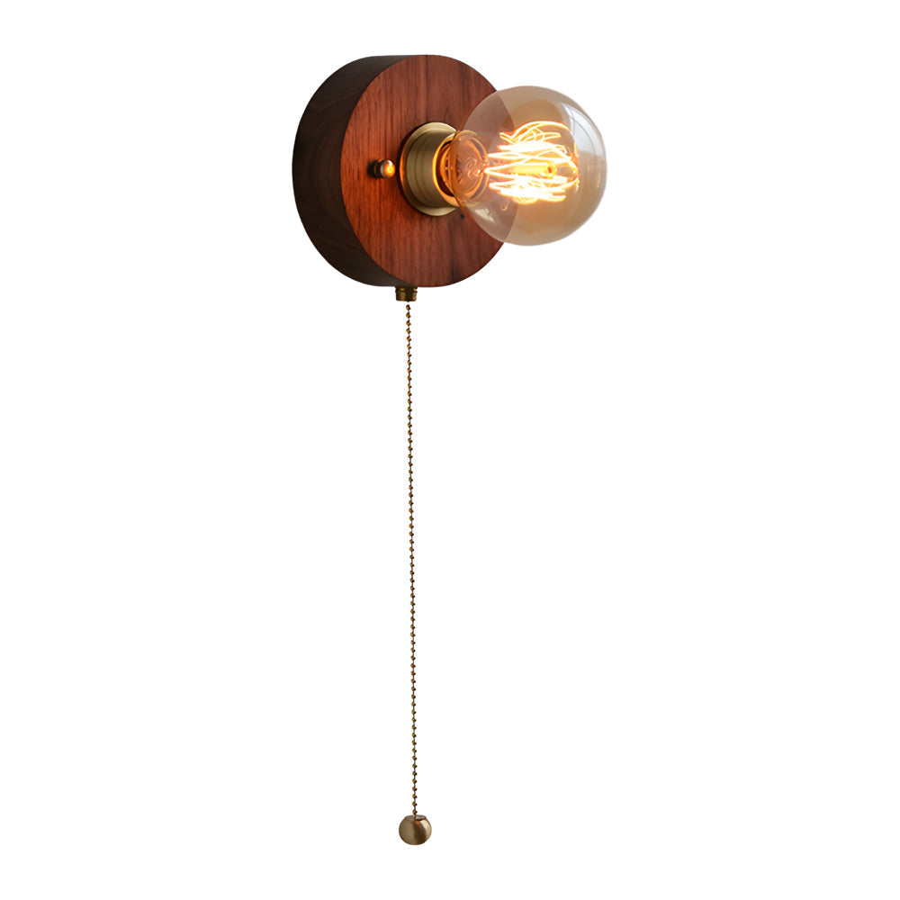 Round/Square Vintage Walnut Wood Wall Lamp 1-light with Pull Chain Switch | Kalsten