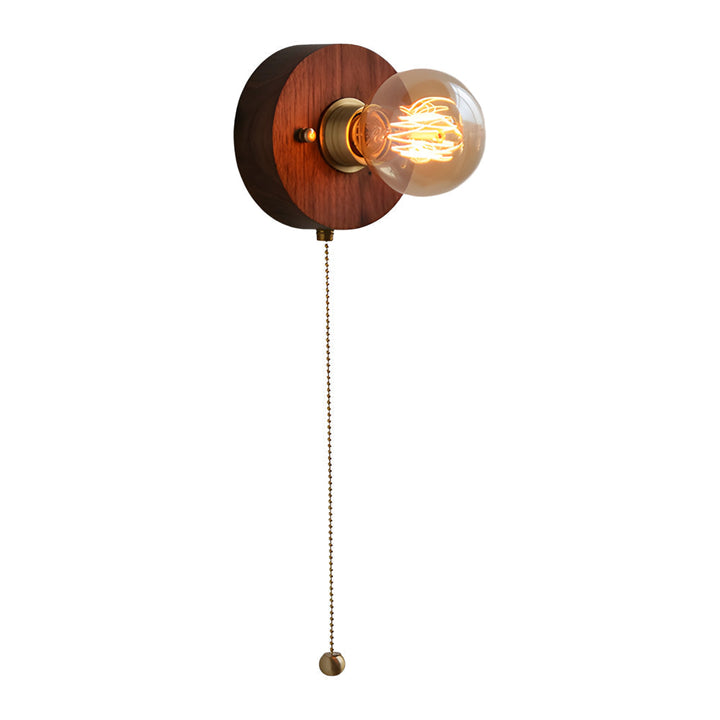 Round/Square Vintage Walnut Wood Wall Lamp 1-light with Pull Chain Switch | Kalsten