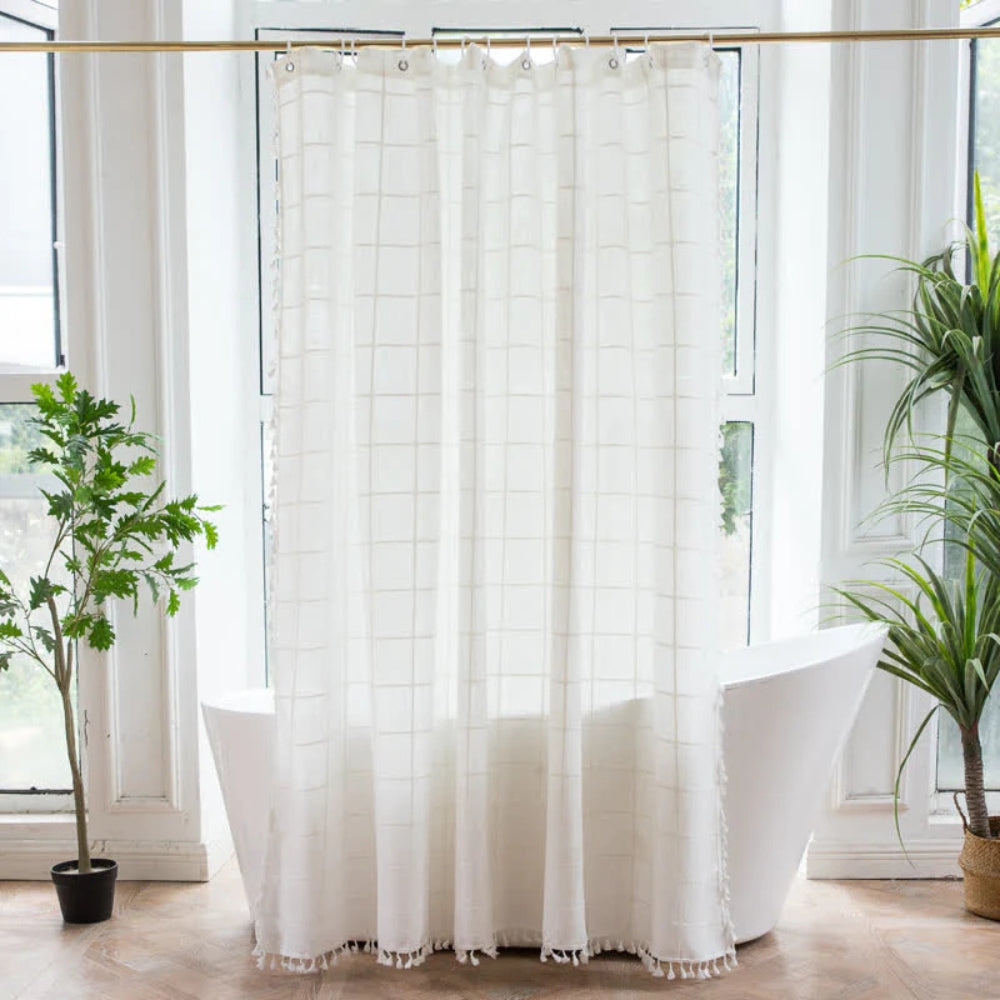 Kalsten | Cotton  Shower Curtain Check Print Fringes Waterproof Machine Washable Bathroom Decor