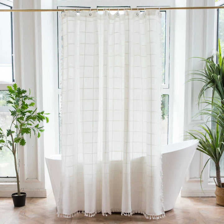 Kalsten | Cotton  Shower Curtain Check Print Fringes Waterproof Machine Washable Bathroom Decor