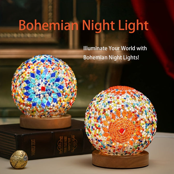 Mosaic glass ball table lamp with wooden base - Turkish Moroccan inspired | Kalsten