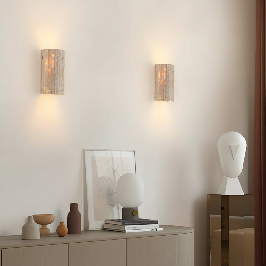 LED Wall Sconce Light – Modern Minimalist Natural Travertine Stone (16.5x9cm / 6.5x3.5in) | Kalsten