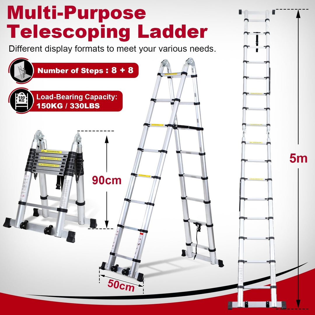 5M Aluminum Telescopic Ladder Folding Ladder with Wheels and Triangle Stabilizer | Kalsten