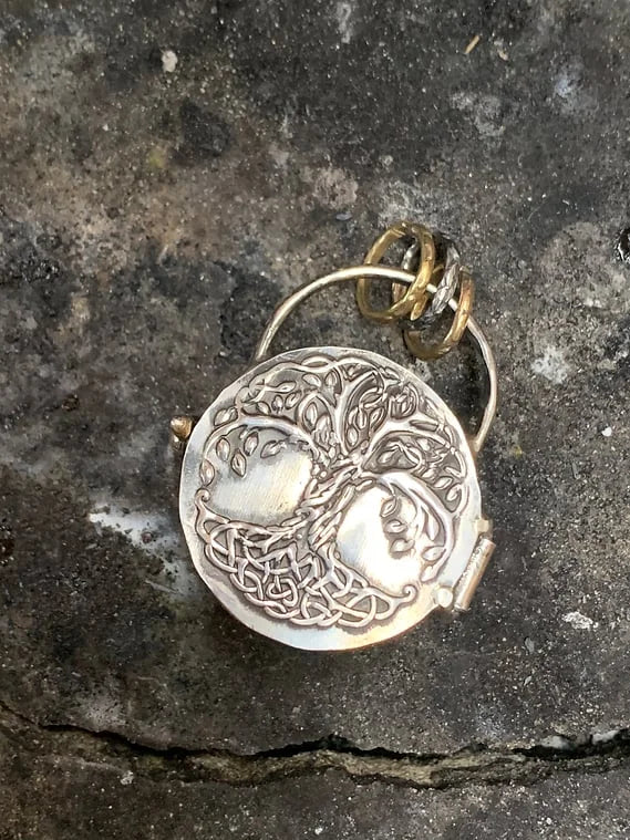 Kalsten | Silver Locket Necklace | Triple Moon & Tree of Life | Keepsake with Quartz Crystal
