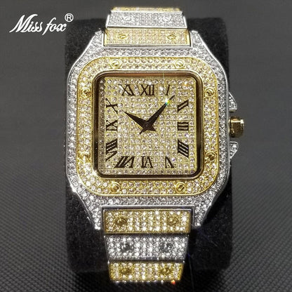 Karnz | MISSFOX Ice Out Square Men's Watch | 18K Gold Nano-Vacuum Plating | Swiss Quartz Movement | Fully Set with Lab Diamonds | Stainless Steel Case | Water Resistant 3 ATM