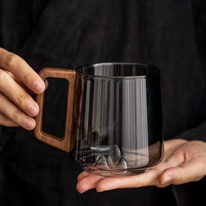 WoodGrip Glass Mug 400 ml with Wooden Handle for Hot and Cold | Kalsten
