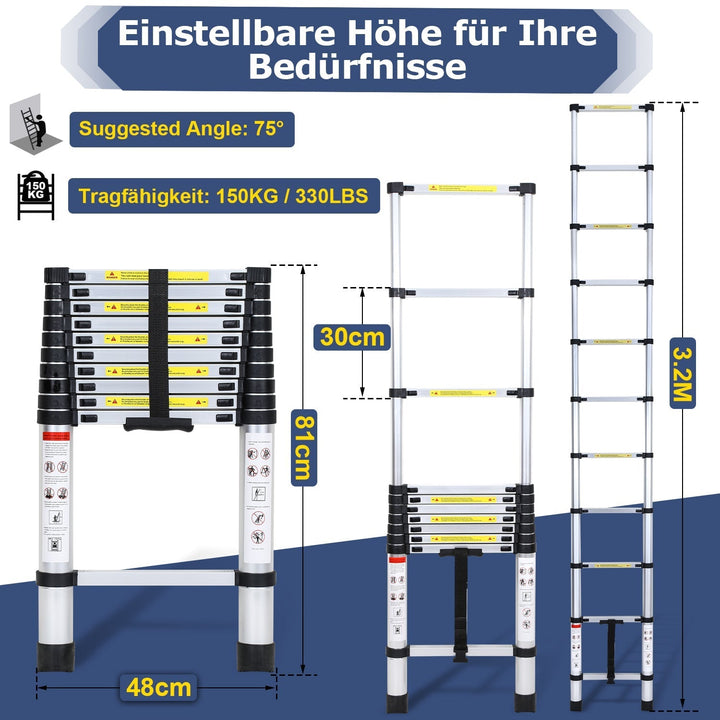 Telescopic Ladder Aluminum Load capacity up to 150kg 2.6m-5m | Kalsten