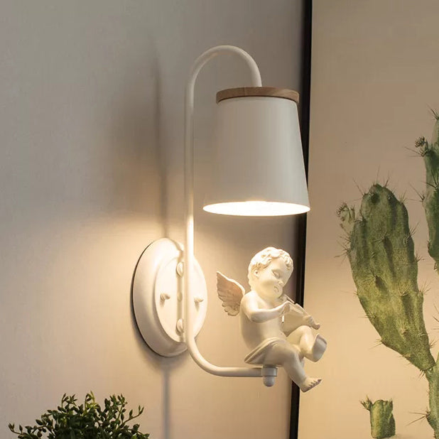 White Little Angel Wall Light with Bucket Shade 1 Head Metal Wall Lamp for Living Room | Kalsten
