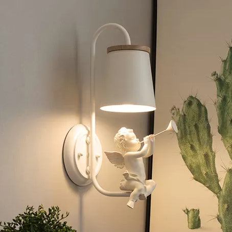 White Little Angel Wall Light with Bucket Shade 1 Head Metal Wall Lamp for Living Room | Kalsten