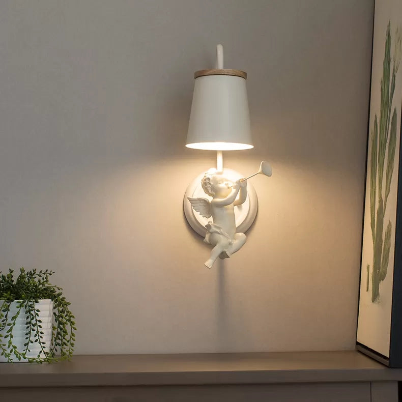 White Little Angel Wall Light with Bucket Shade 1 Head Metal Wall Lamp for Living Room | Kalsten