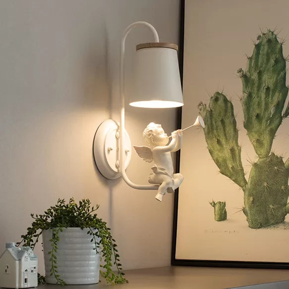 White Little Angel Wall Light with Bucket Shade 1 Head Metal Wall Lamp for Living Room | Kalsten