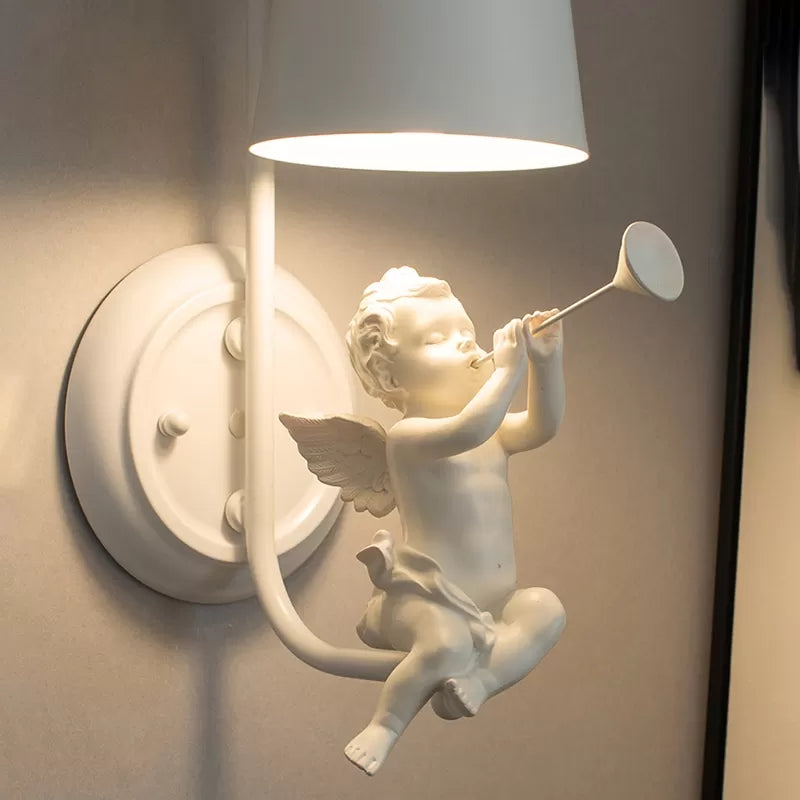 White Little Angel Wall Light with Bucket Shade 1 Head Metal Wall Lamp for Living Room | Kalsten
