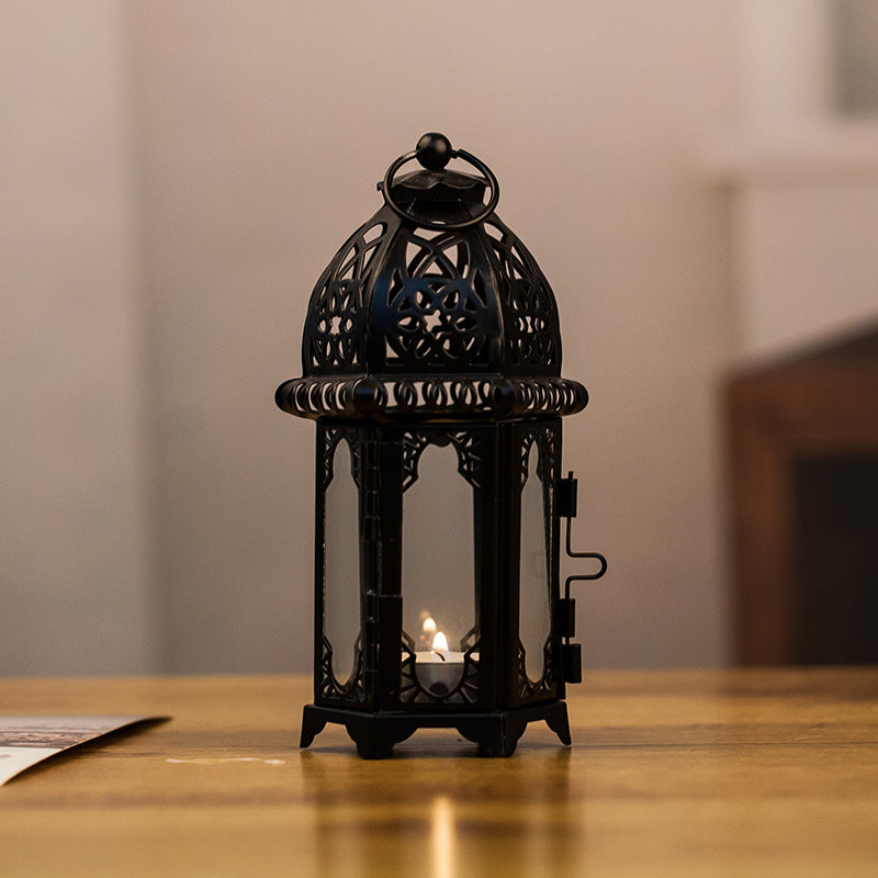 Moroccan-Style Metal and Glass Decorative Hanging Lantern with Intricate Filigree Acalora
