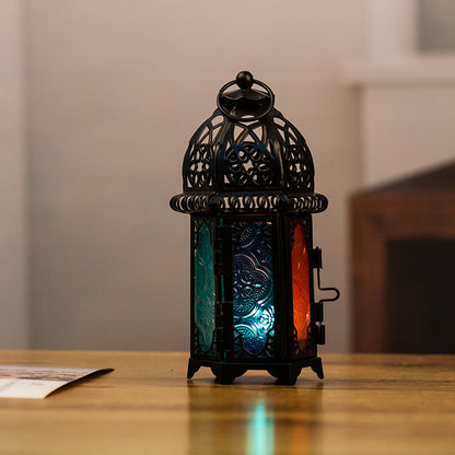 Moroccan-Style Metal and Glass Decorative Hanging Lantern with Intricate Filigree Acalora