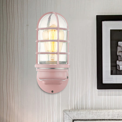 BowLift | Cylinder Clear Glass Wall Mounted Lamp Industrial Single Bulb Living Room Wall Light in Pink/Blue/Green with Cage