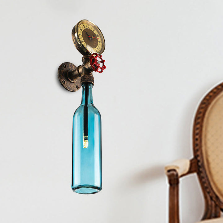 Kalsten | Brown/Blue Bottle Wall Sconce Lamp Vintage Stylish Glass 1 Bulb Living Room Wall Lighting with Manometer and Valve