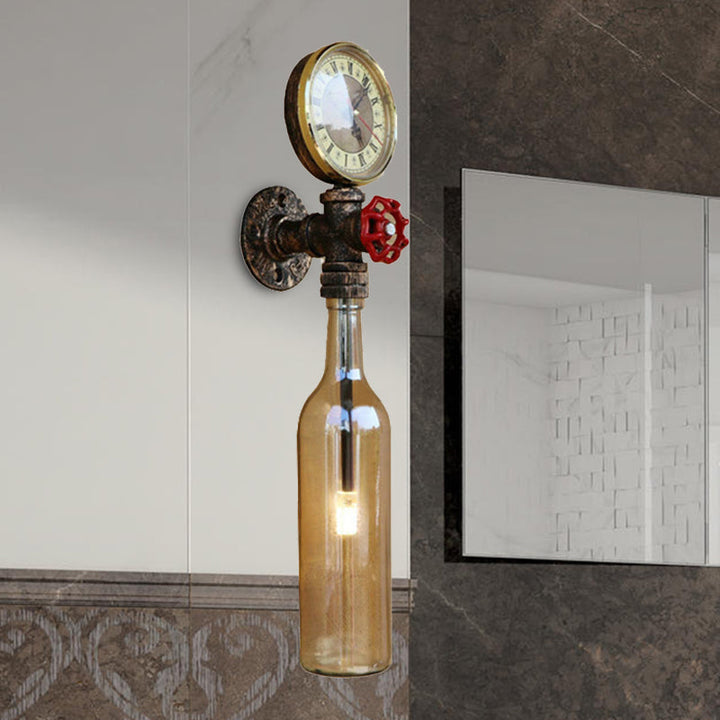 Kalsten | Brown/Blue Bottle Wall Sconce Lamp Vintage Stylish Glass 1 Bulb Living Room Wall Lighting with Manometer and Valve